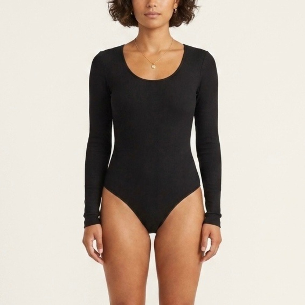 Cuyana Body Black Long Sleeve Ribbed Scoop Neck Bodysuit XL Made in Portugal